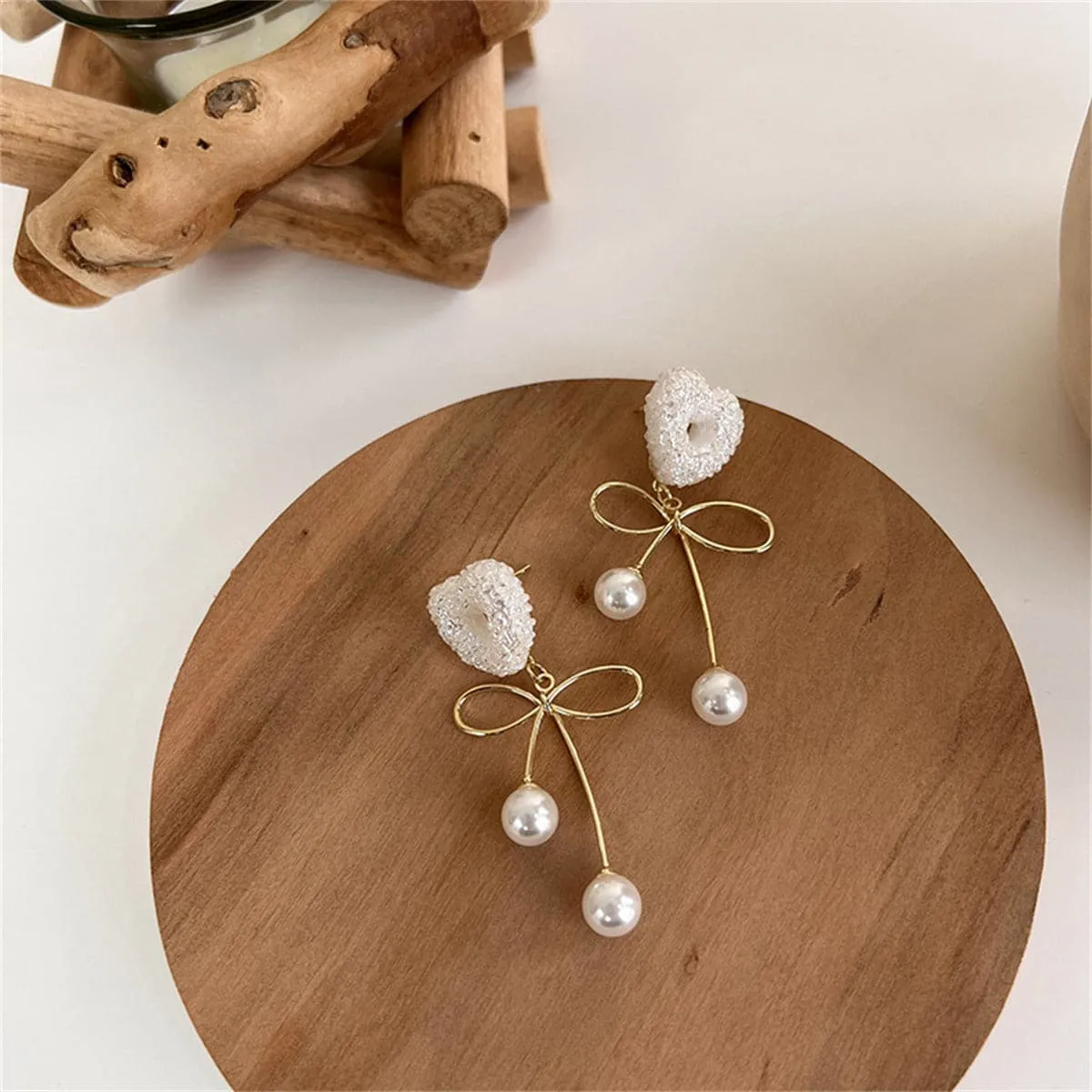 Pearl & Resin 18K Gold-Plated Heart Bow Drop Earrings