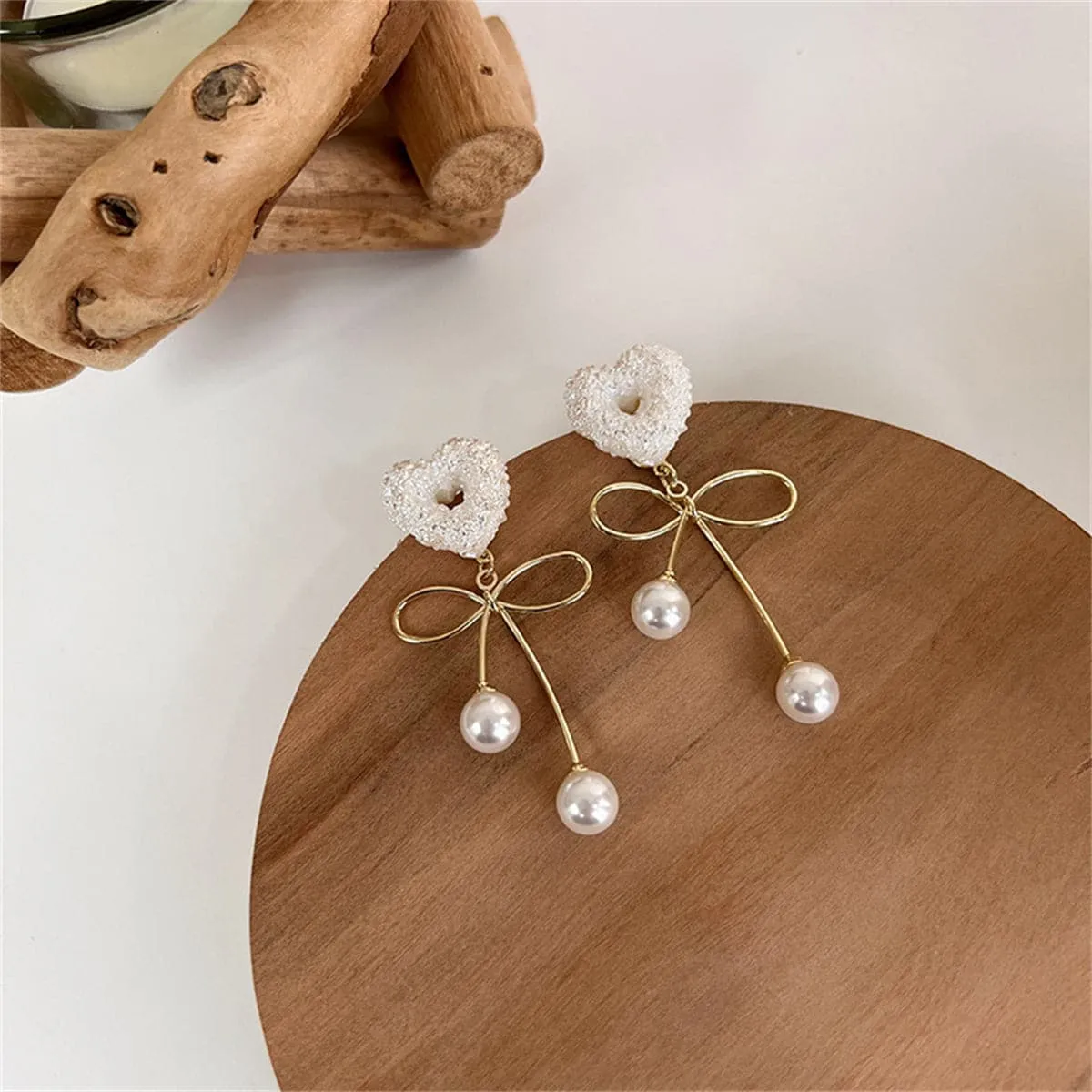 Pearl & Resin 18K Gold-Plated Heart Bow Drop Earrings