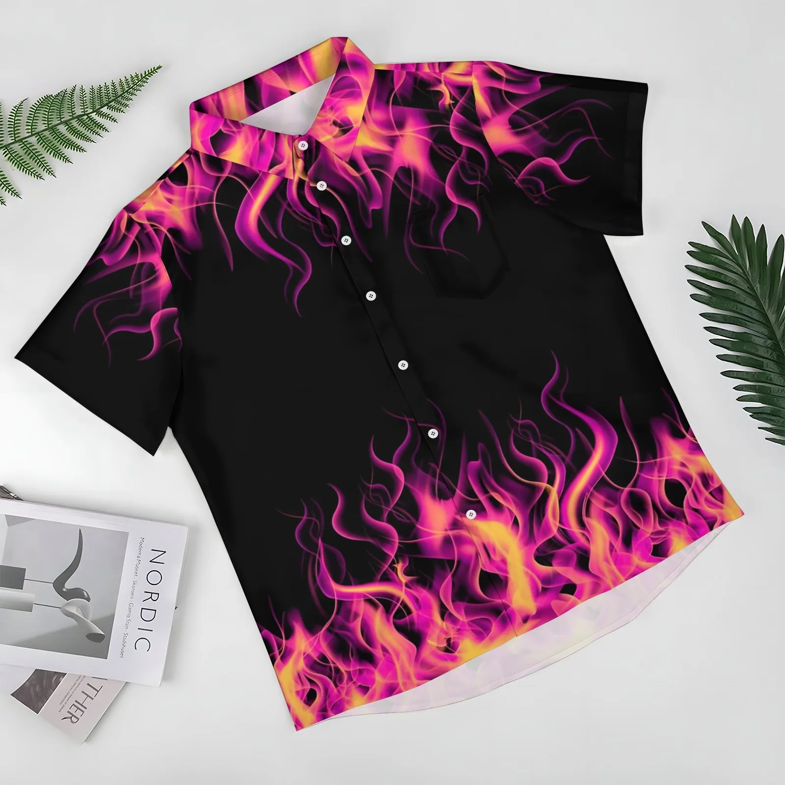 Pink Flame Print Casual Short Sleeve Shirt 2404000293
