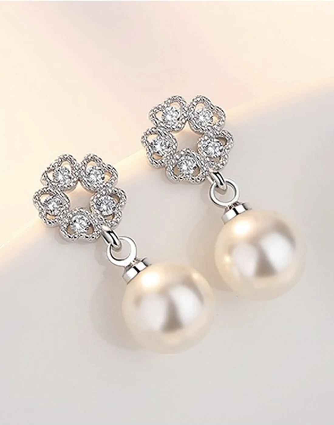 Platinum Plated Austrian Crystal White Pearl Drop Earrings