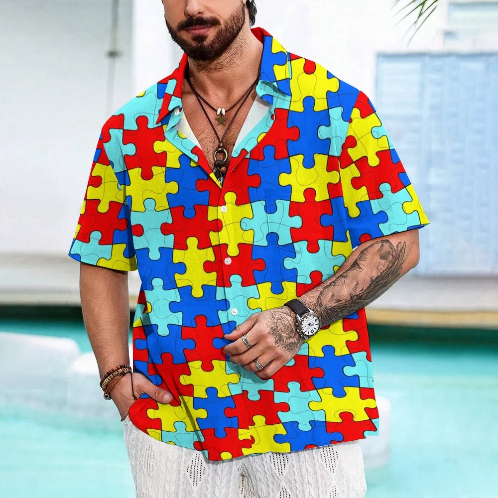 Puzzle Print Casual Short Sleeve Shirt 2402000163