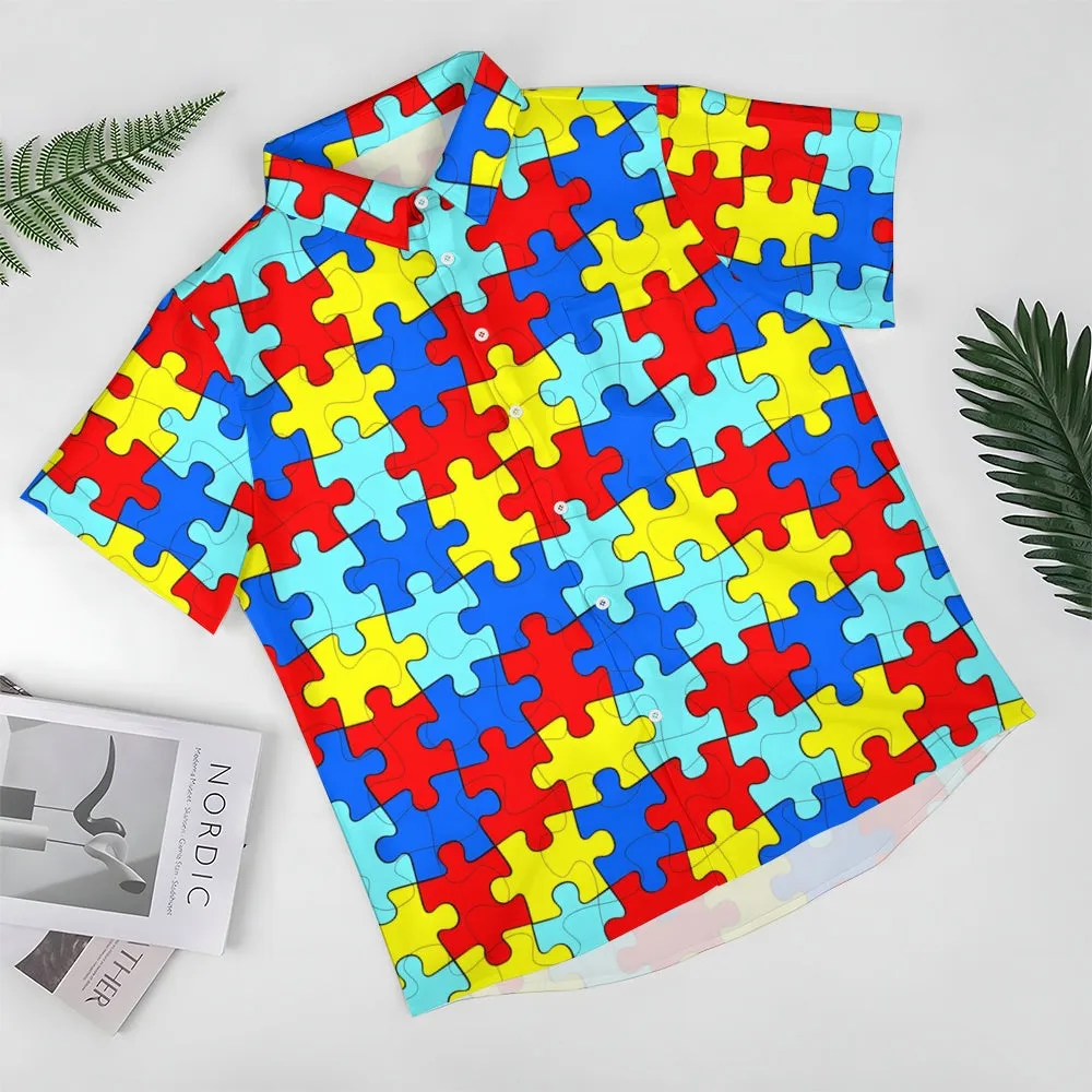 Puzzle Print Casual Short Sleeve Shirt 2402000163