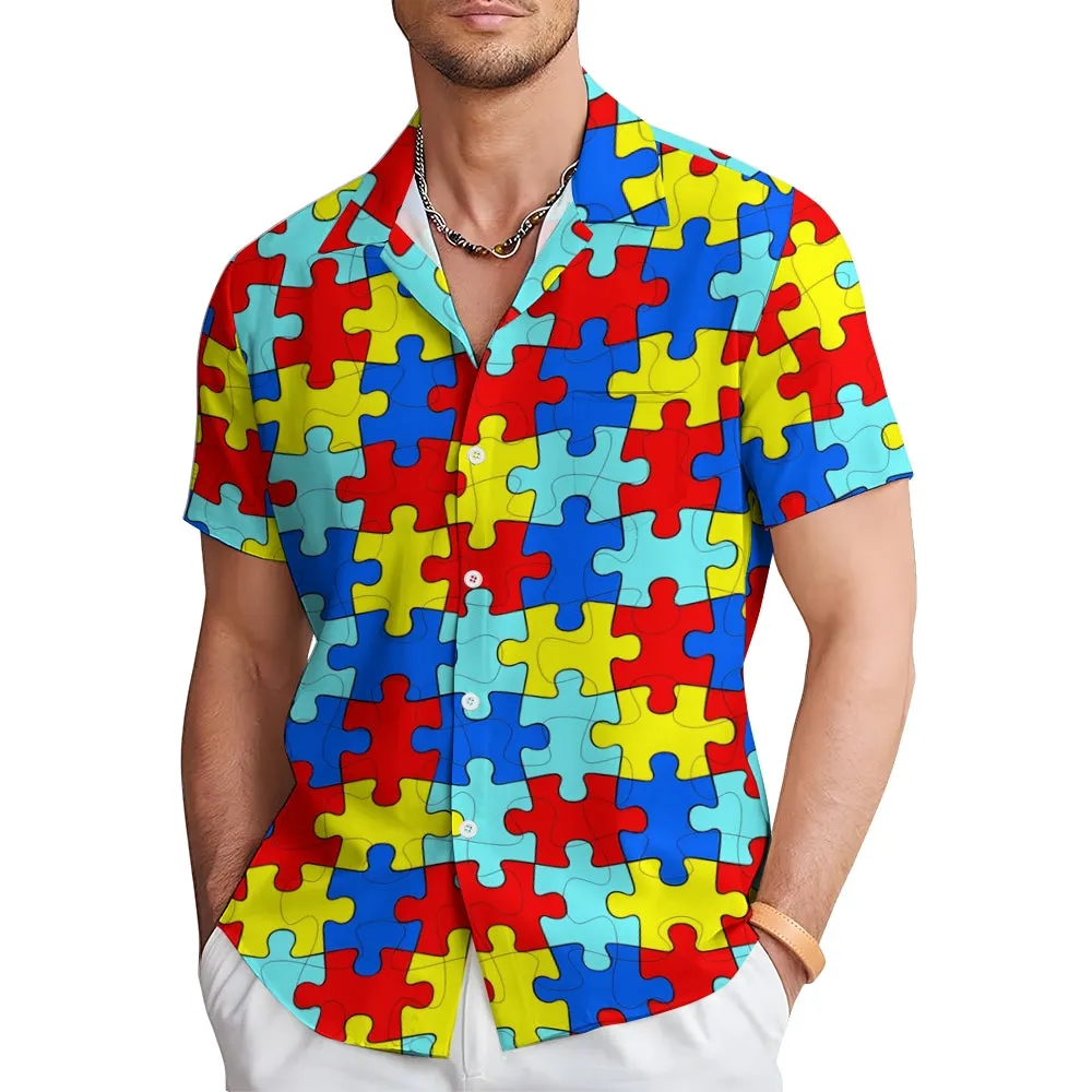 Puzzle Print Casual Short Sleeve Shirt 2402000163