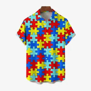 Puzzle Print Casual Short Sleeve Shirt 2402000163