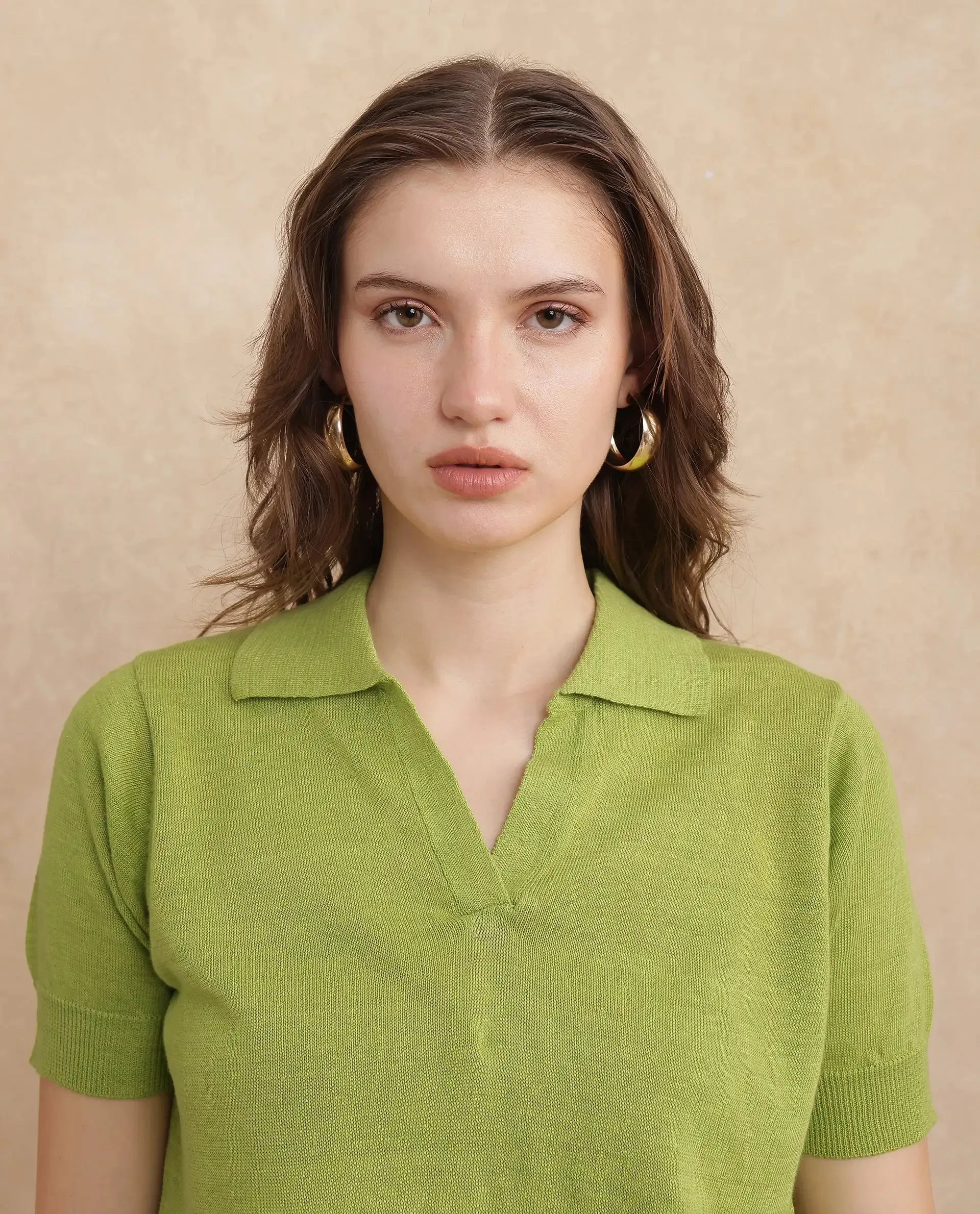 Rareism Women Basel Flouroscent Green Cotton Linen Fabric Short Sleeve Polo Collar Plain Polo