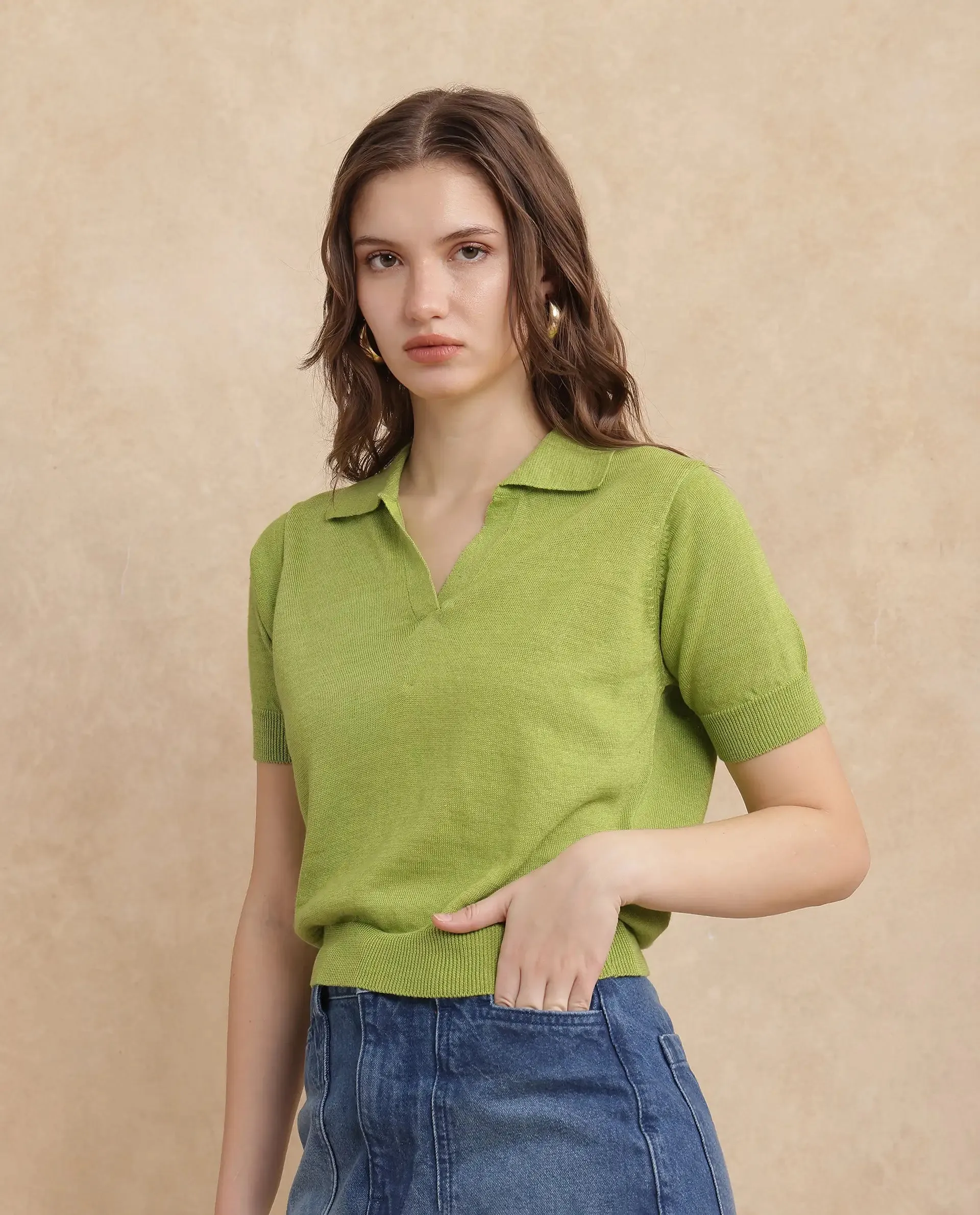 Rareism Women Basel Flouroscent Green Cotton Linen Fabric Short Sleeve Polo Collar Plain Polo