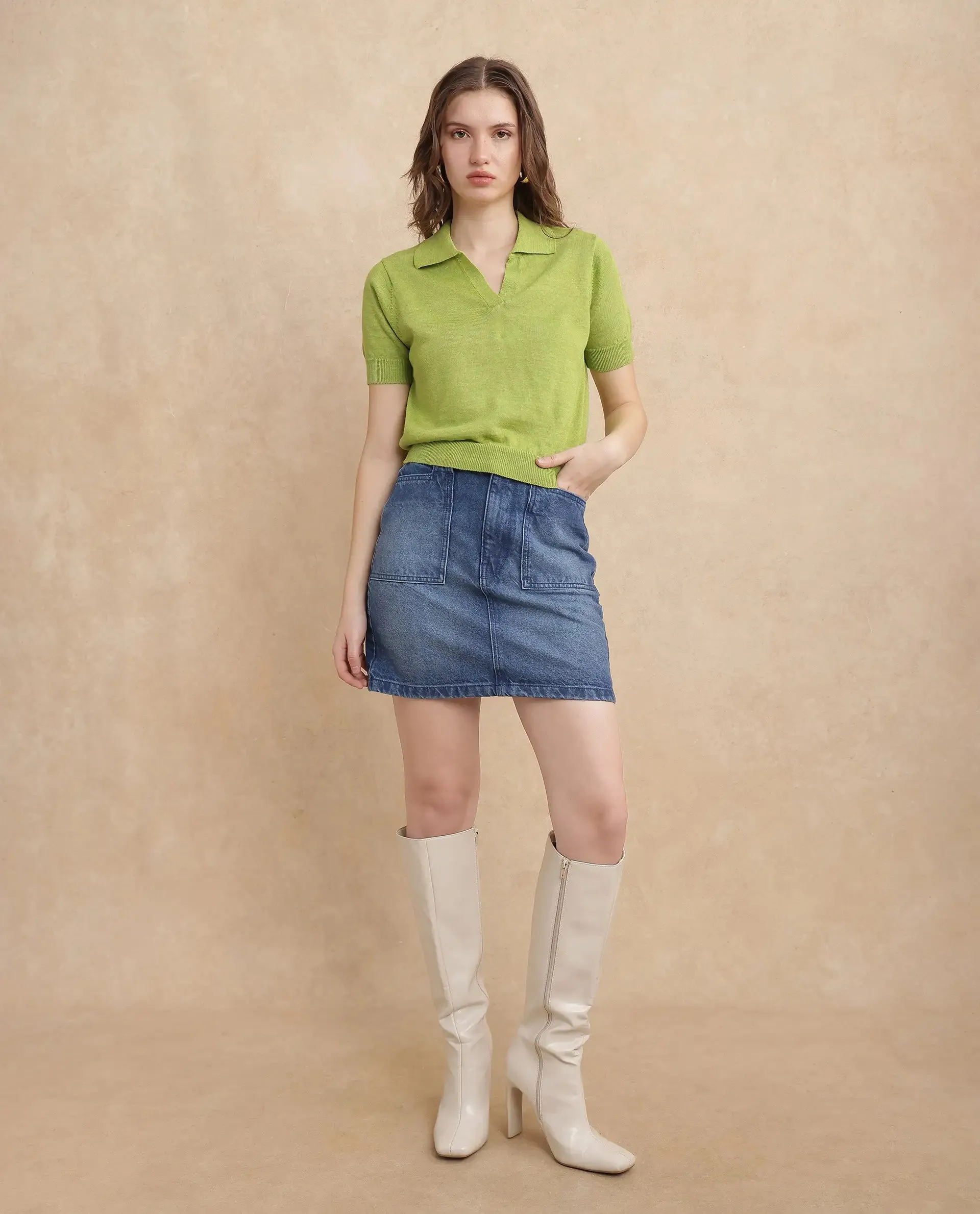 Rareism Women Basel Flouroscent Green Cotton Linen Fabric Short Sleeve Polo Collar Plain Polo