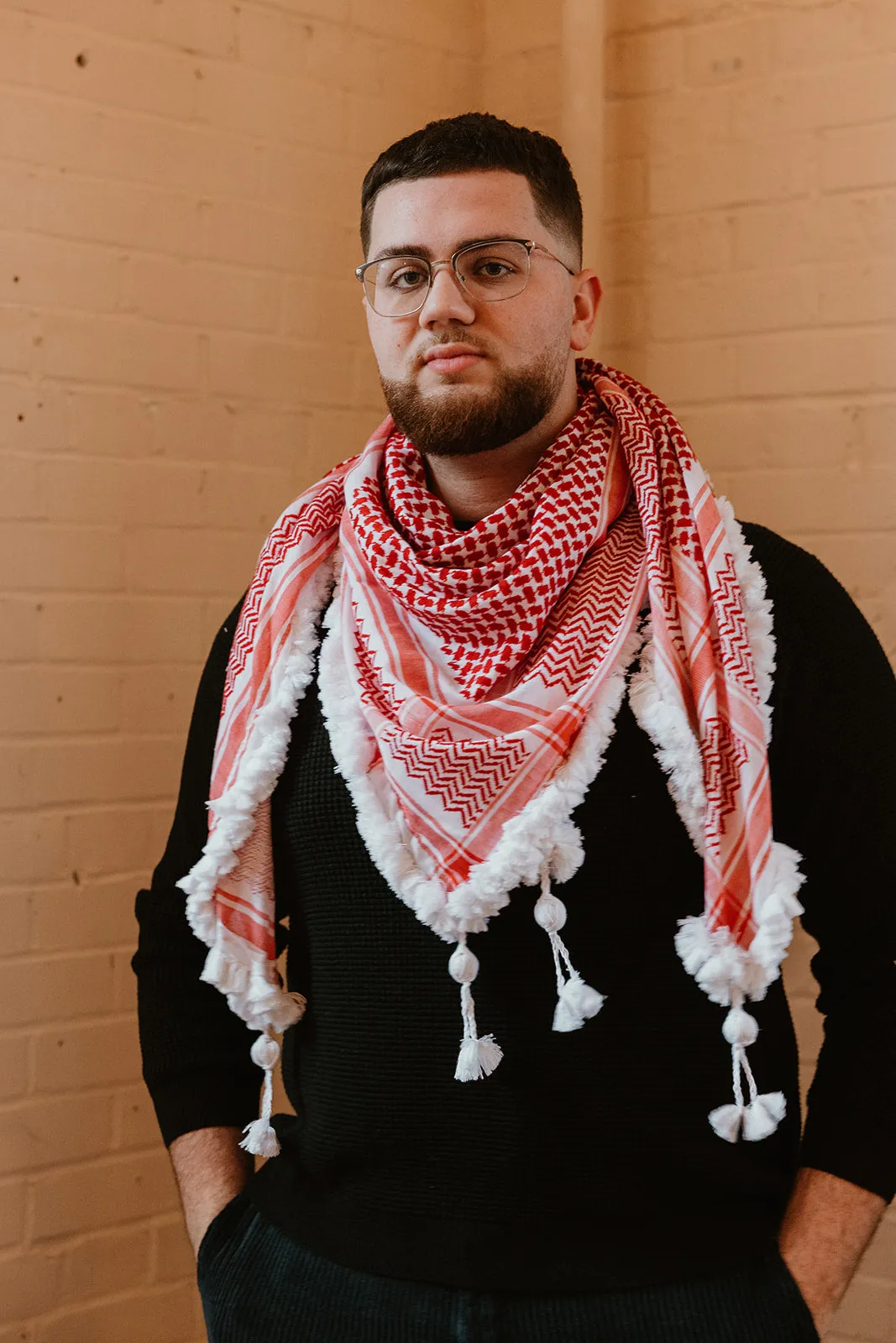 Red and White Malaki (Royal) with Tassels Kuffiyeh