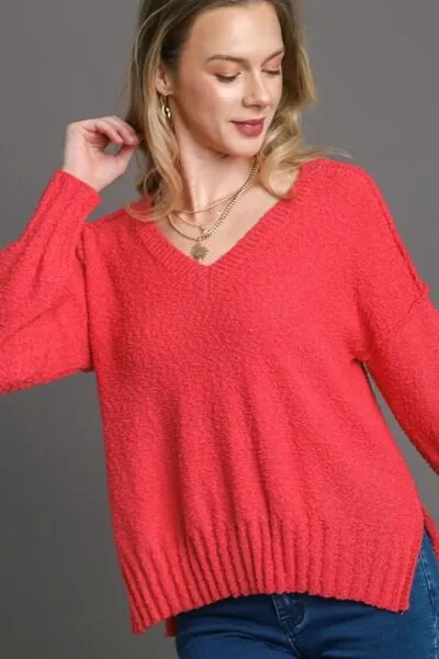 Red Dropped Shoulder Side Slit Sweater