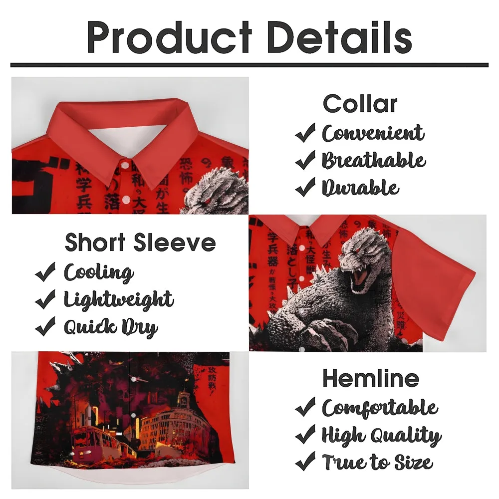 Red Giant Monster Godzilla And Cruise Ship Print Casual Short Sleeve Shirt 2402000094