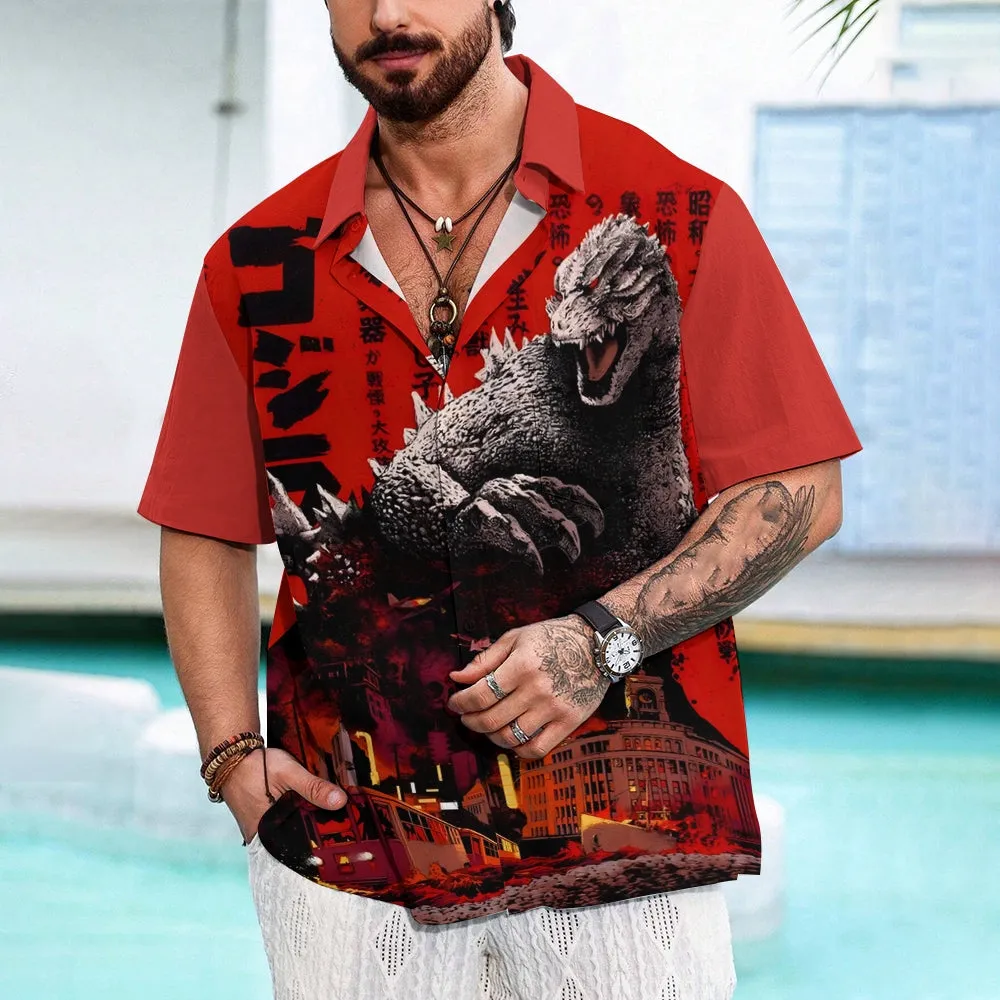 Red Giant Monster Godzilla And Cruise Ship Print Casual Short Sleeve Shirt 2402000094