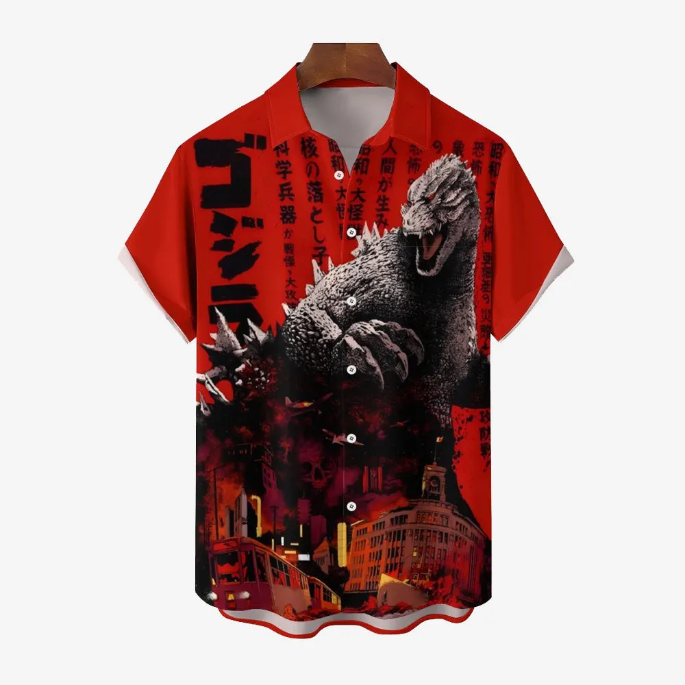 Red Giant Monster Godzilla And Cruise Ship Print Casual Short Sleeve Shirt 2402000094