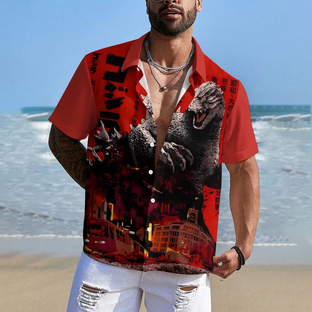 Red Giant Monster Godzilla And Cruise Ship Print Casual Short Sleeve Shirt 2402000094