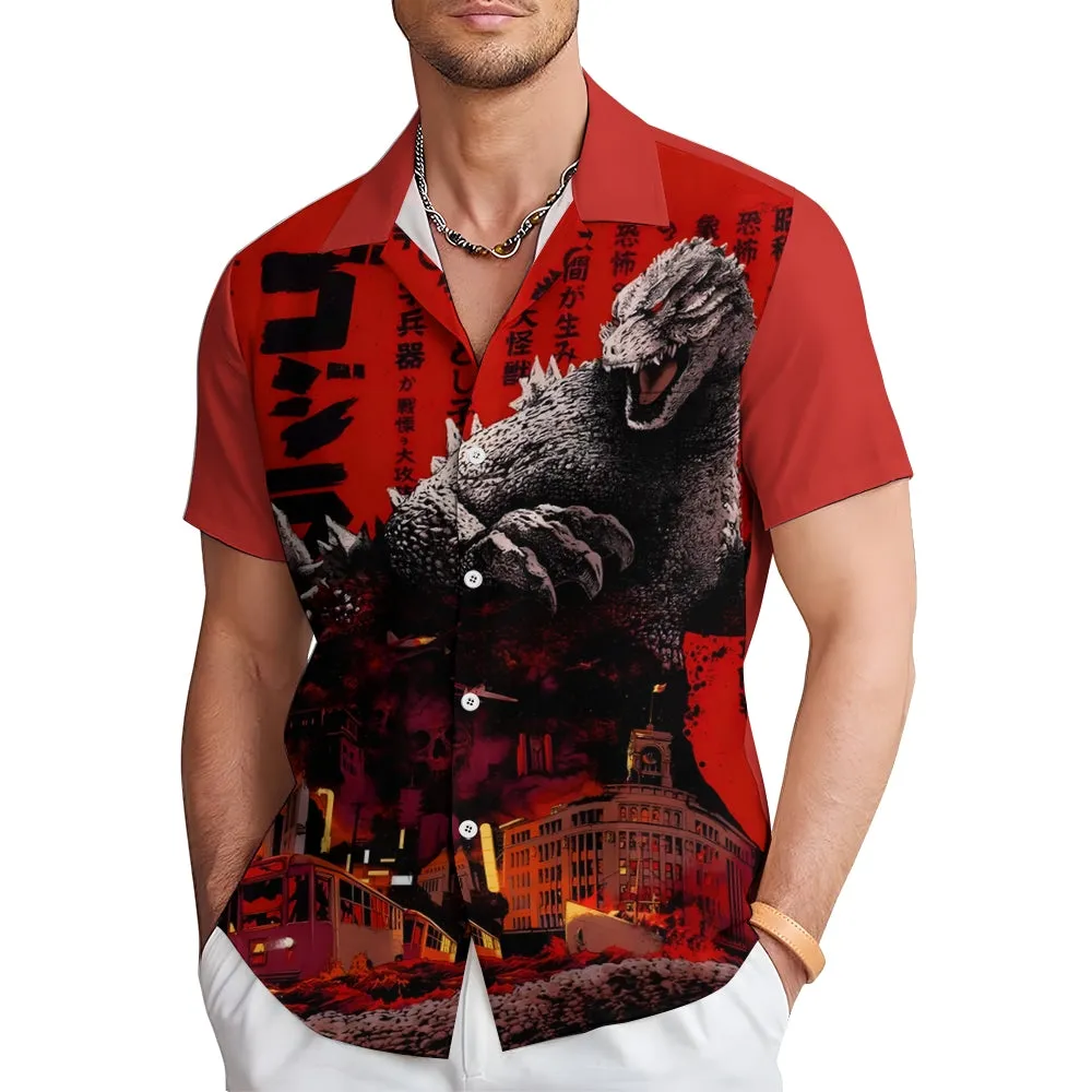 Red Giant Monster Godzilla And Cruise Ship Print Casual Short Sleeve Shirt 2402000094