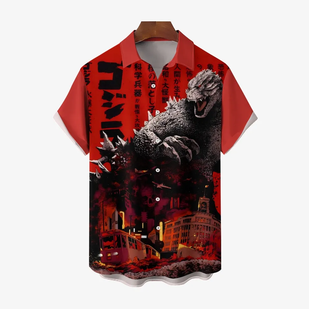 Red Giant Monster Godzilla And Cruise Ship Print Casual Short Sleeve Shirt 2402000094