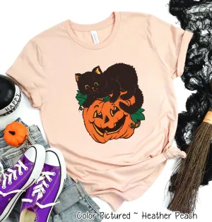 Retro Black Cat Pumpkin Halloween Tee