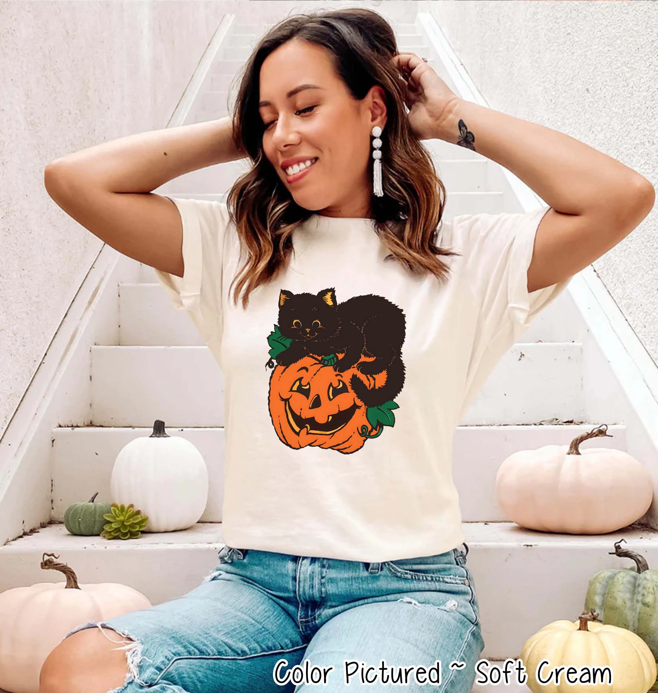 Retro Black Cat Pumpkin Halloween Tee