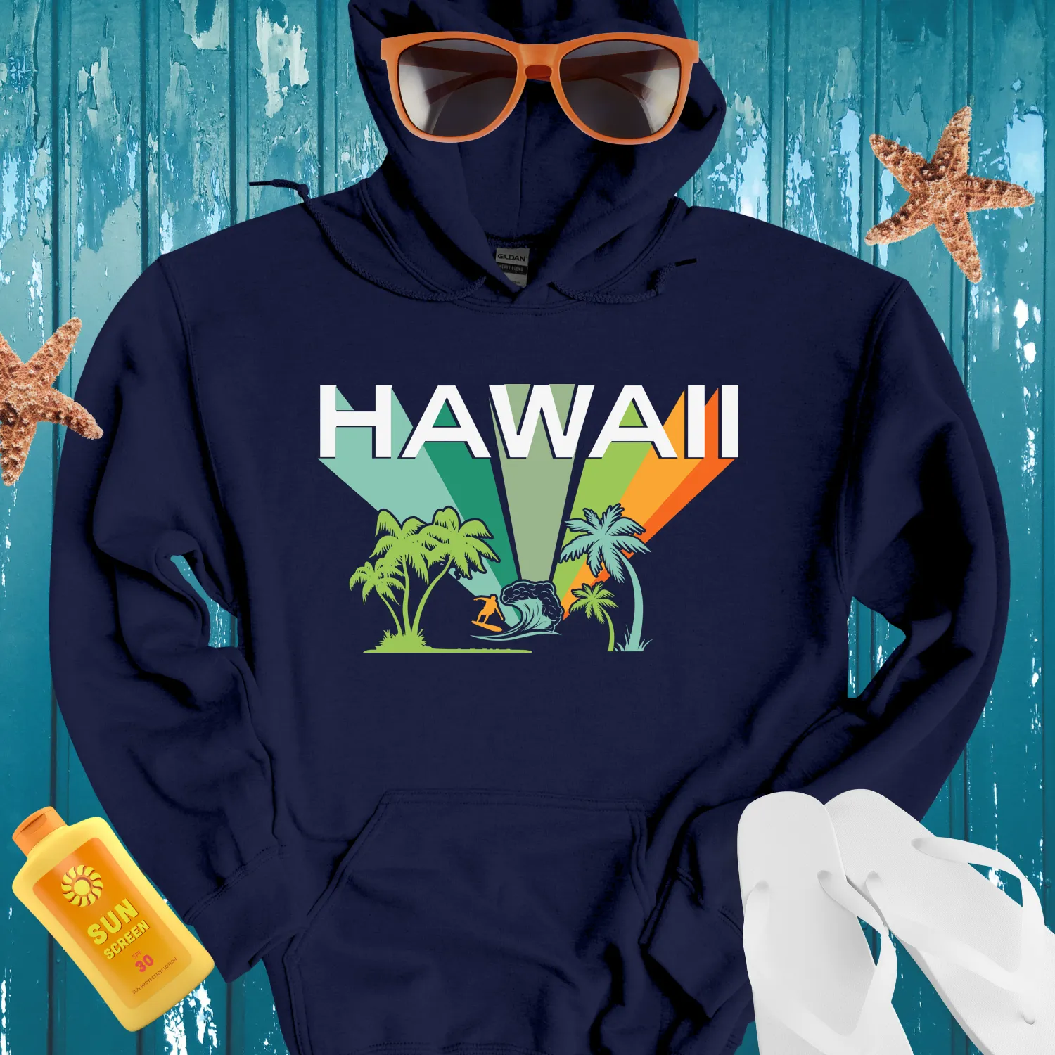 Retro Hawaii Surf Hoodie Blue Wave Beachwear