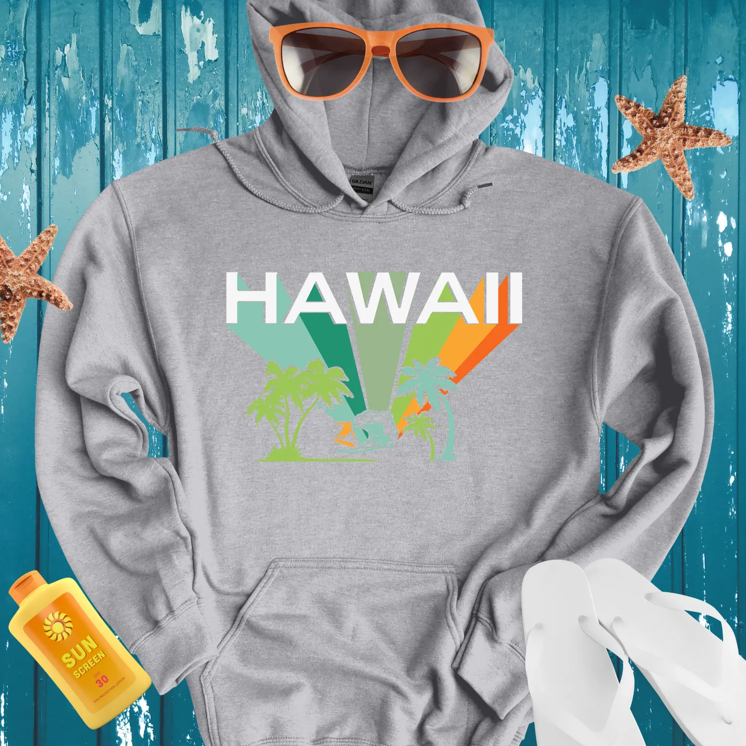 Retro Hawaii Surf Hoodie Blue Wave Beachwear