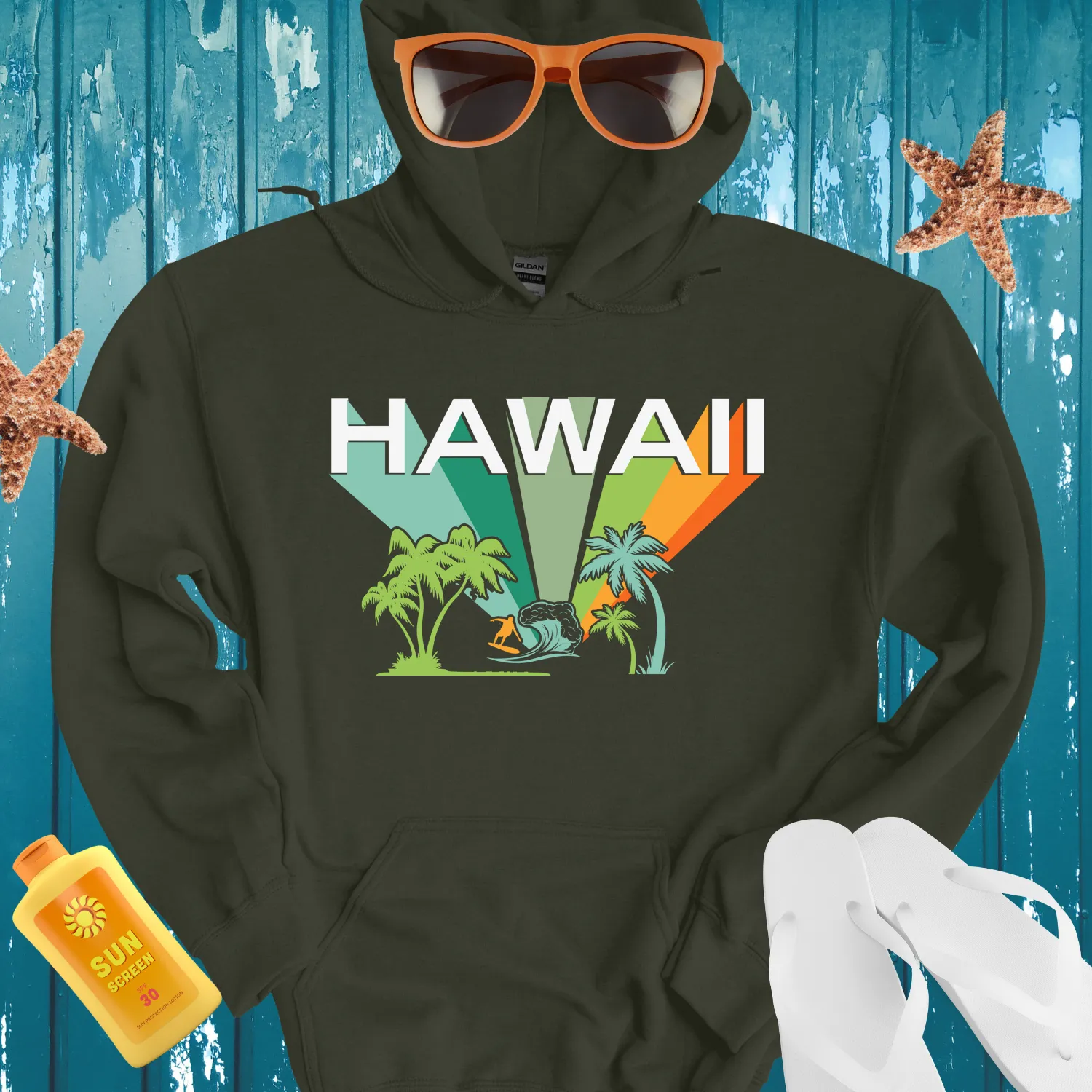 Retro Hawaii Surf Hoodie Blue Wave Beachwear