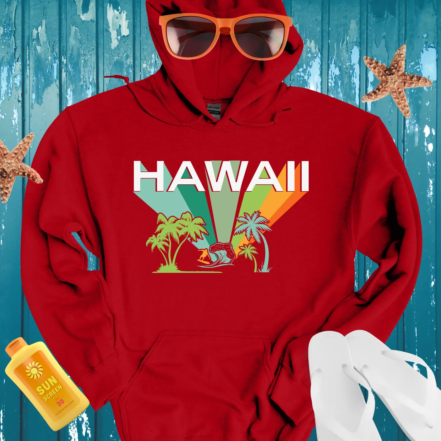 Retro Hawaii Surf Hoodie Blue Wave Beachwear