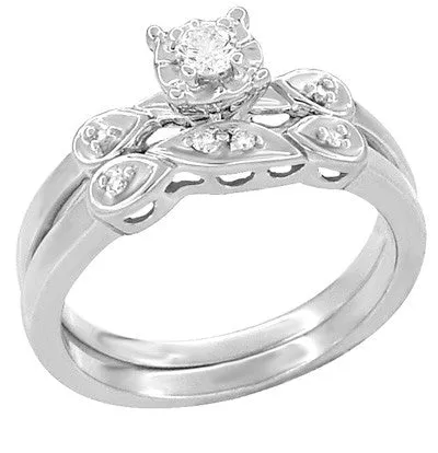 Retro Moderne Diamond Engagement Ring and Wedding Ring Set in 14 Karat White Gold