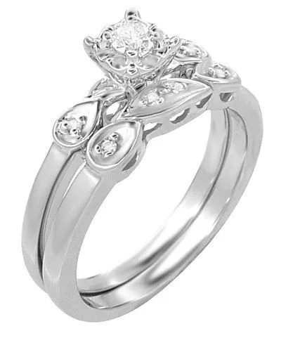 Retro Moderne Diamond Engagement Ring and Wedding Ring Set in 14 Karat White Gold