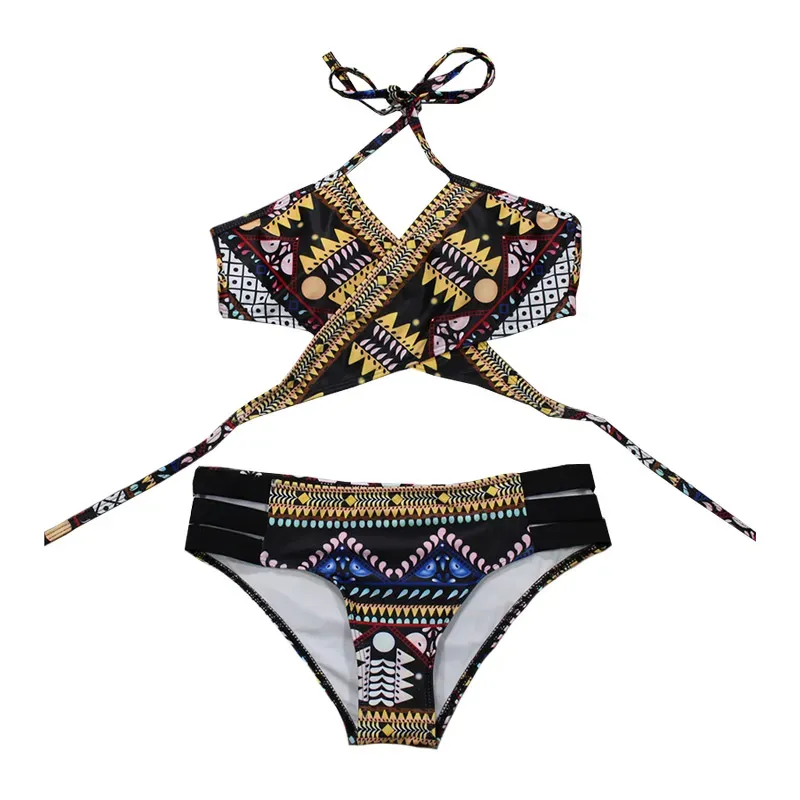 Retro Print Wrap 2 Piece Bikini Set with Low Rise Bottom