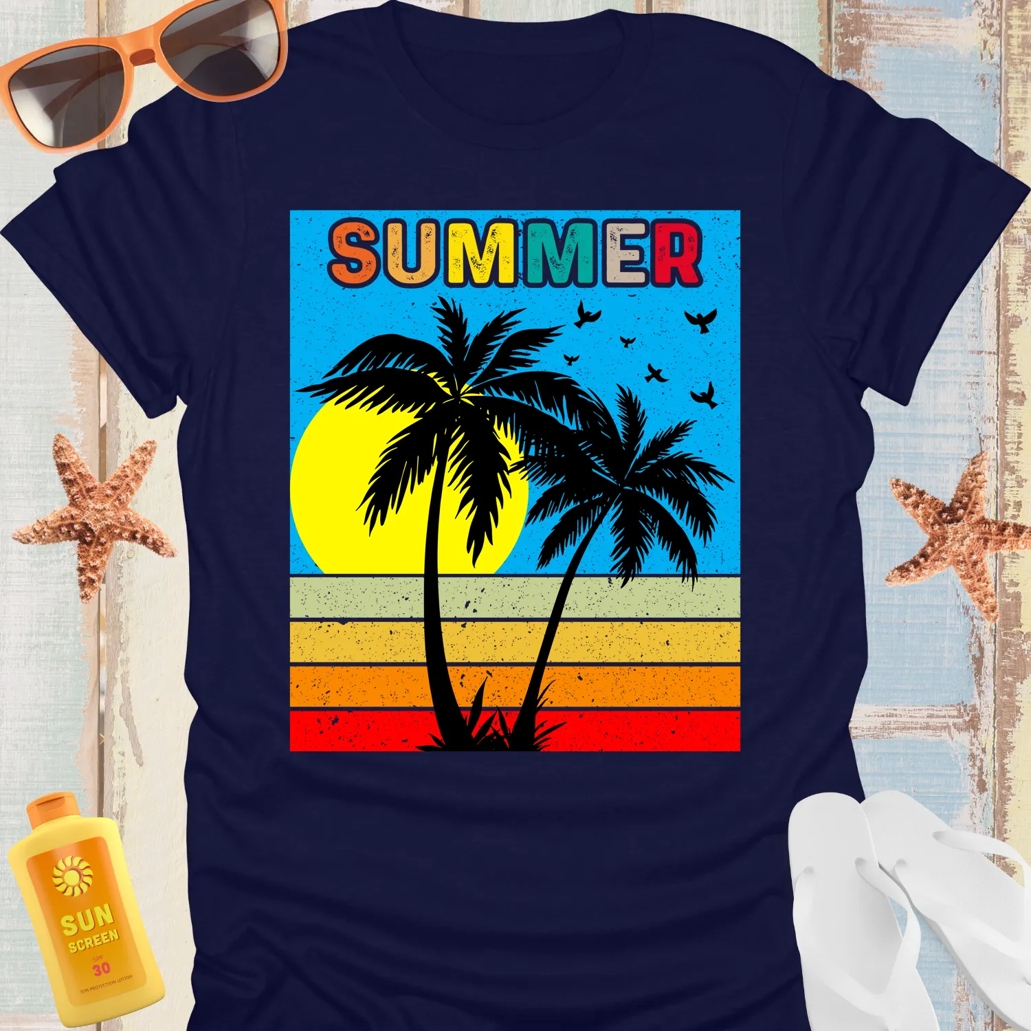 Retro Summer Scene T-Shirt With Palm Silhouettes
