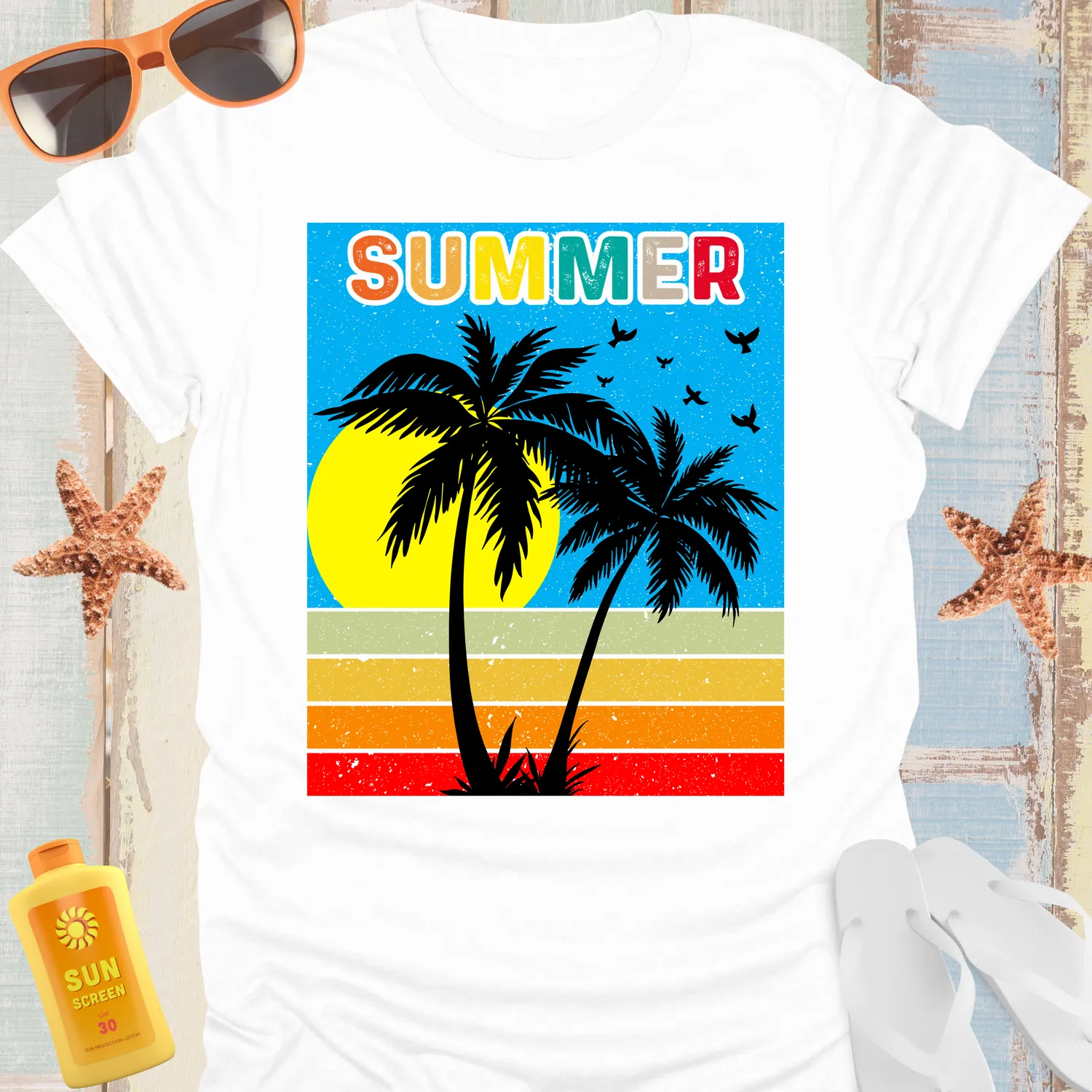 Retro Summer Scene T-Shirt With Palm Silhouettes