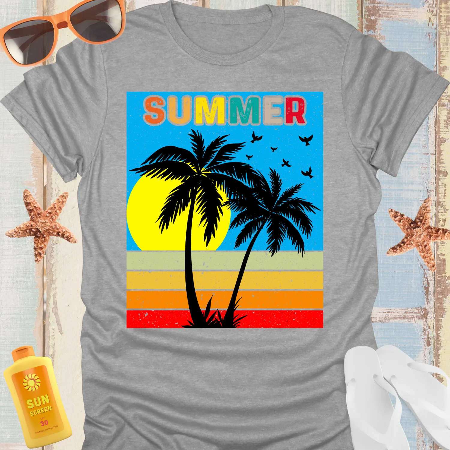 Retro Summer Scene T-Shirt With Palm Silhouettes