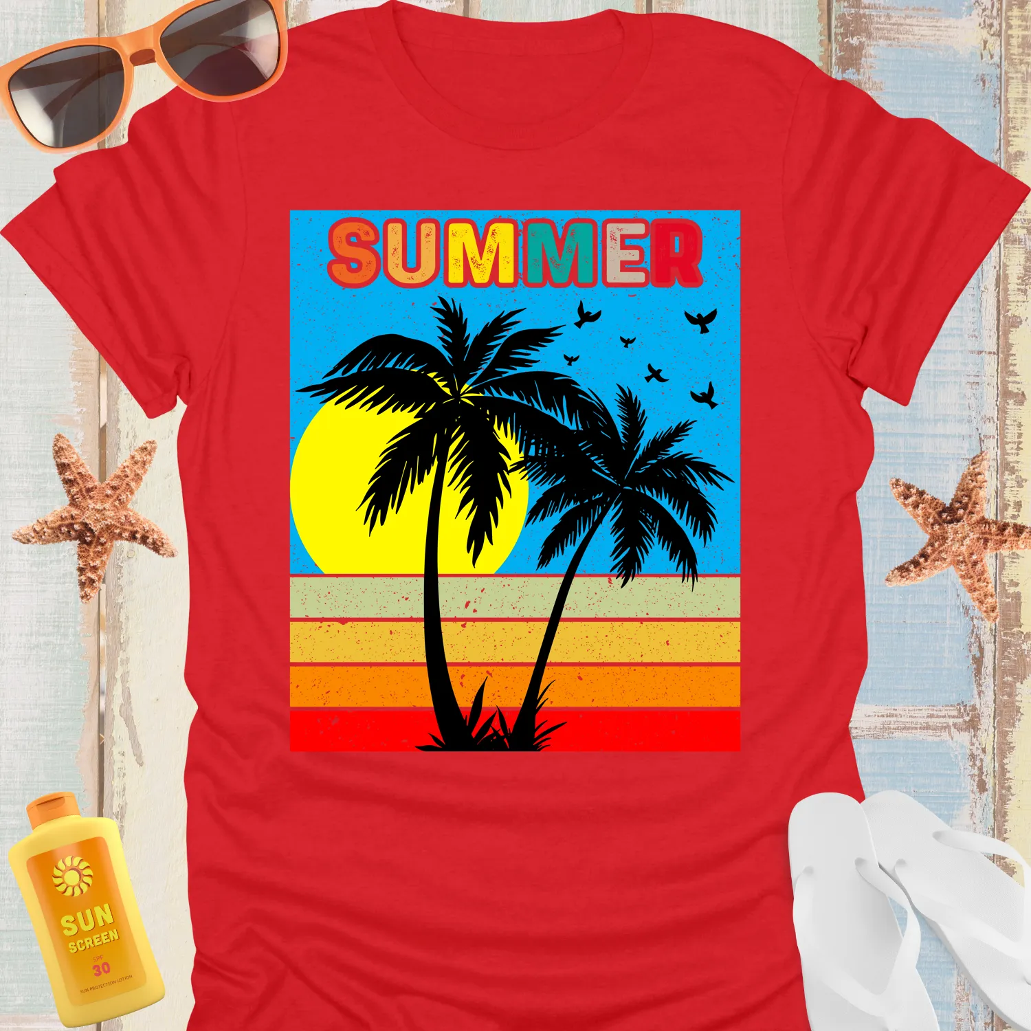 Retro Summer Scene T-Shirt With Palm Silhouettes