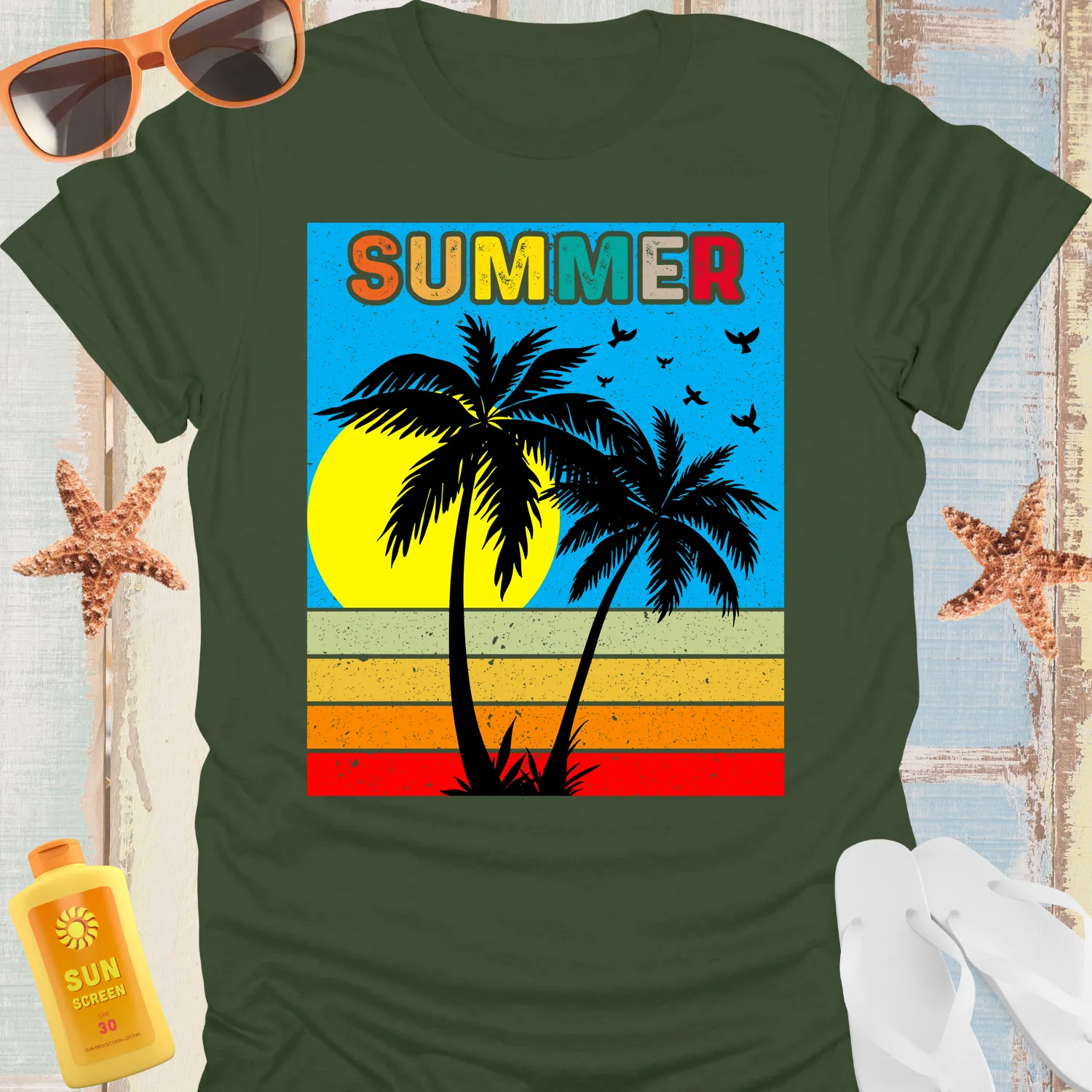 Retro Summer Scene T-Shirt With Palm Silhouettes