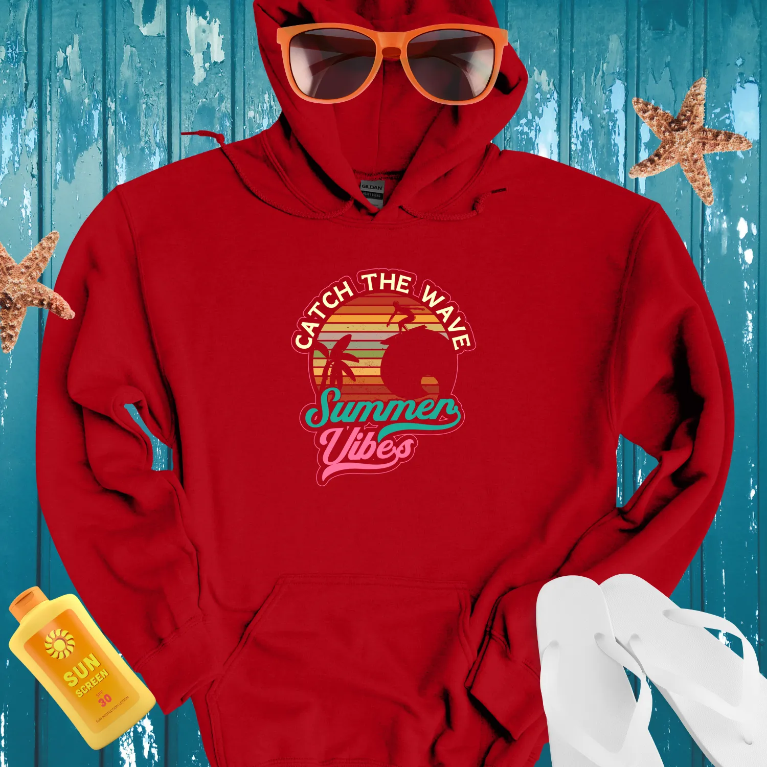 Retro Summer Surf Hoodie With Palm Tree Design