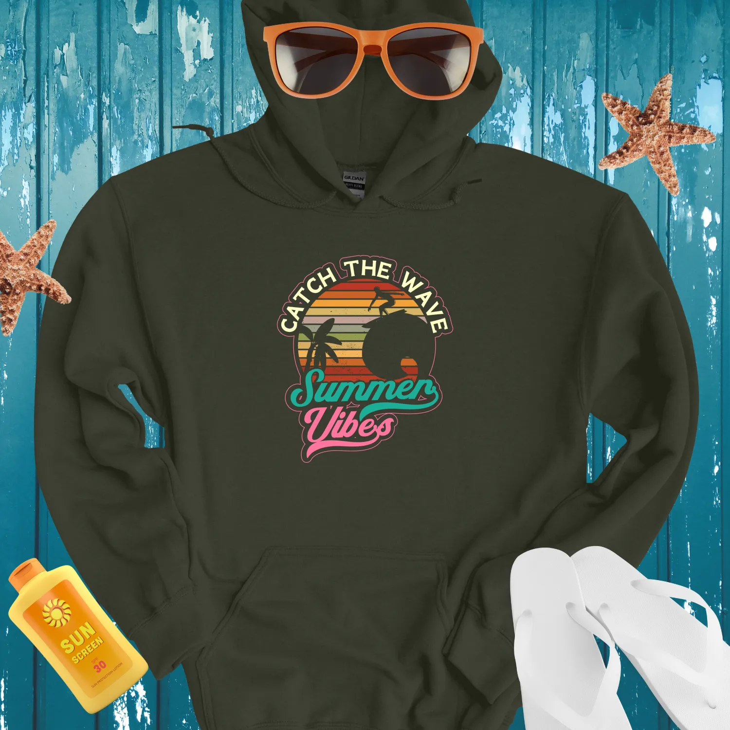 Retro Summer Surf Hoodie With Palm Tree Design
