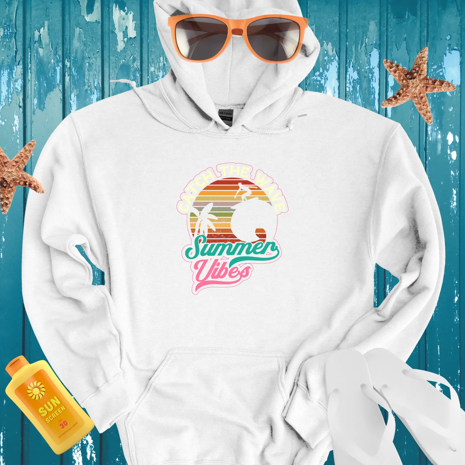 Retro Summer Surf Hoodie With Palm Tree Design