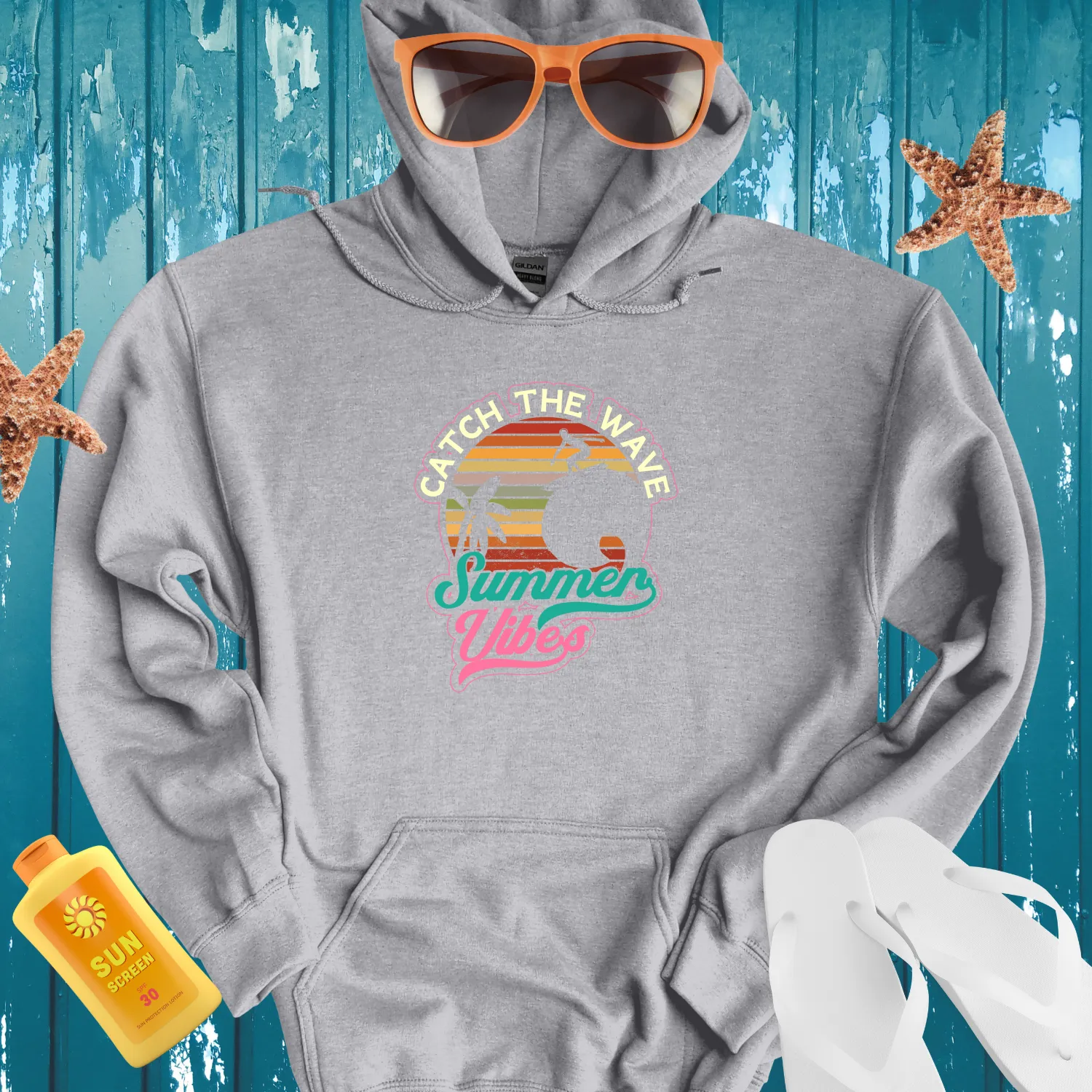Retro Summer Surf Hoodie With Palm Tree Design
