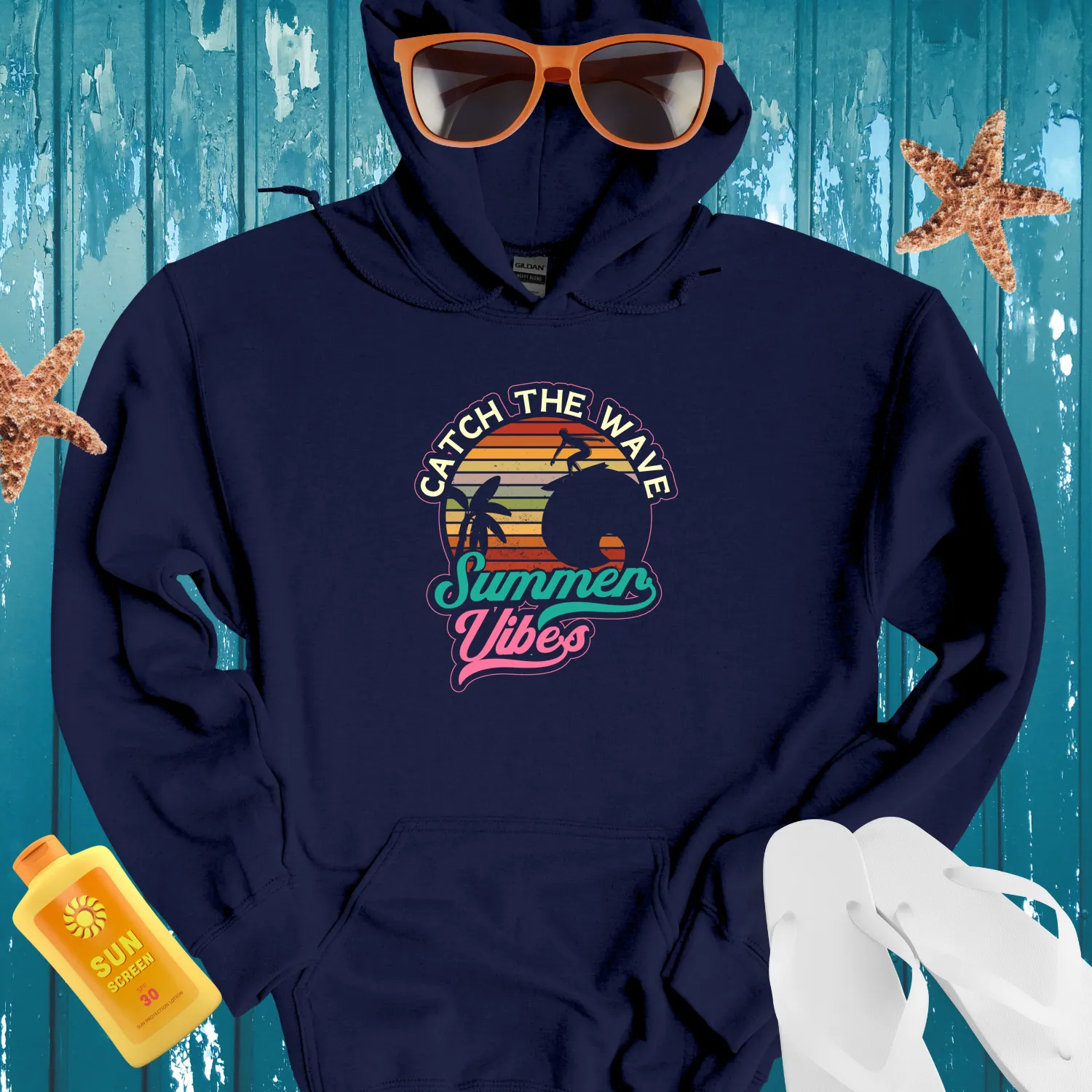 Retro Summer Surf Hoodie With Palm Tree Design