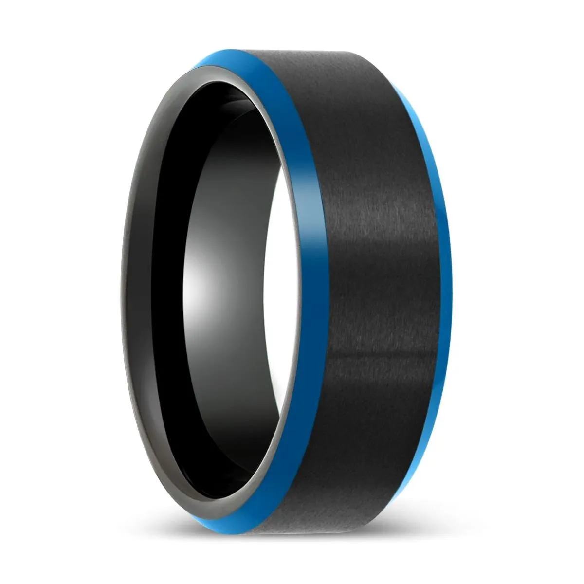 ROLFE | Black Tungsten Ring, Blue Beveled Edge