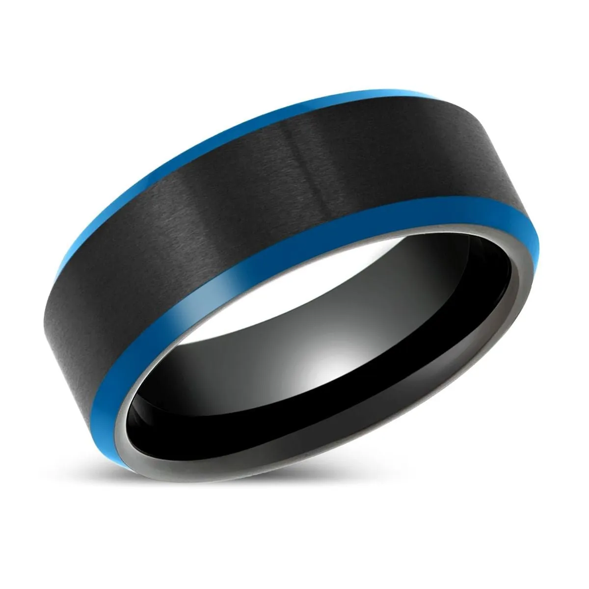 ROLFE | Black Tungsten Ring, Blue Beveled Edge