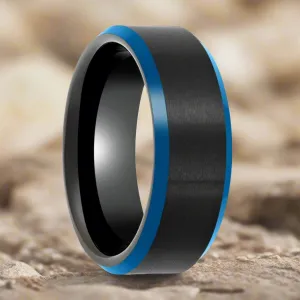 ROLFE | Black Tungsten Ring, Blue Beveled Edge