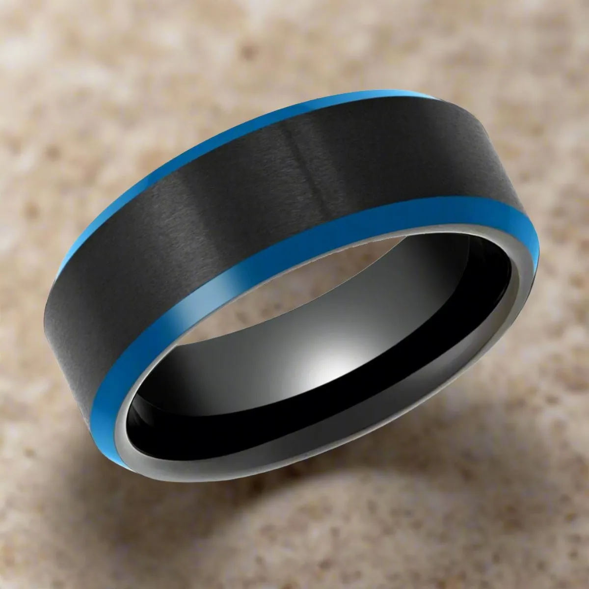 ROLFE | Black Tungsten Ring, Blue Beveled Edge