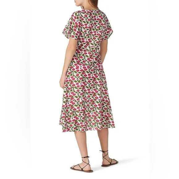 Roller Rabbit Floral Issa Dress Pink Silk V-Neck Flutter Sleeve Midi size XS