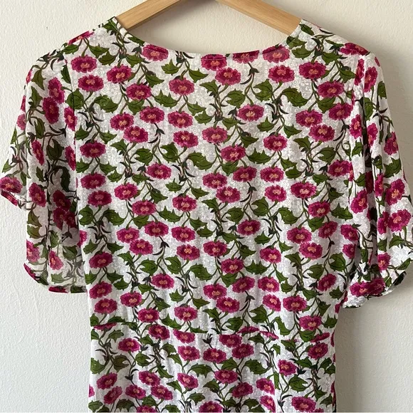 Roller Rabbit Floral Issa Dress Pink Silk V-Neck Flutter Sleeve Midi size XS