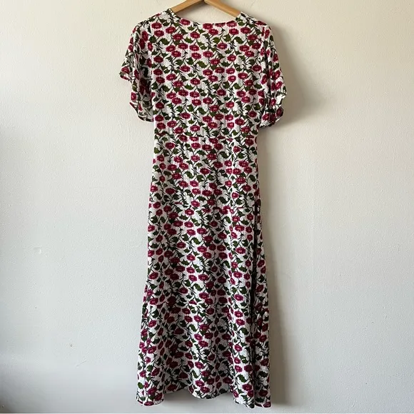 Roller Rabbit Floral Issa Dress Pink Silk V-Neck Flutter Sleeve Midi size XS