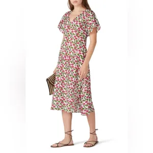Roller Rabbit Floral Issa Dress Pink Silk V-Neck Flutter Sleeve Midi size XS