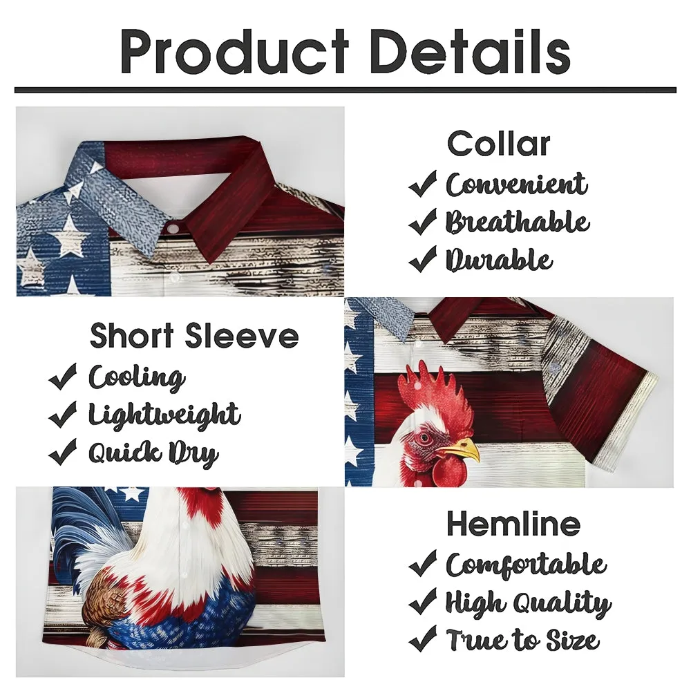 Rooster Flag Print Patriotic Casual Short Sleeve Shirt 2405002093