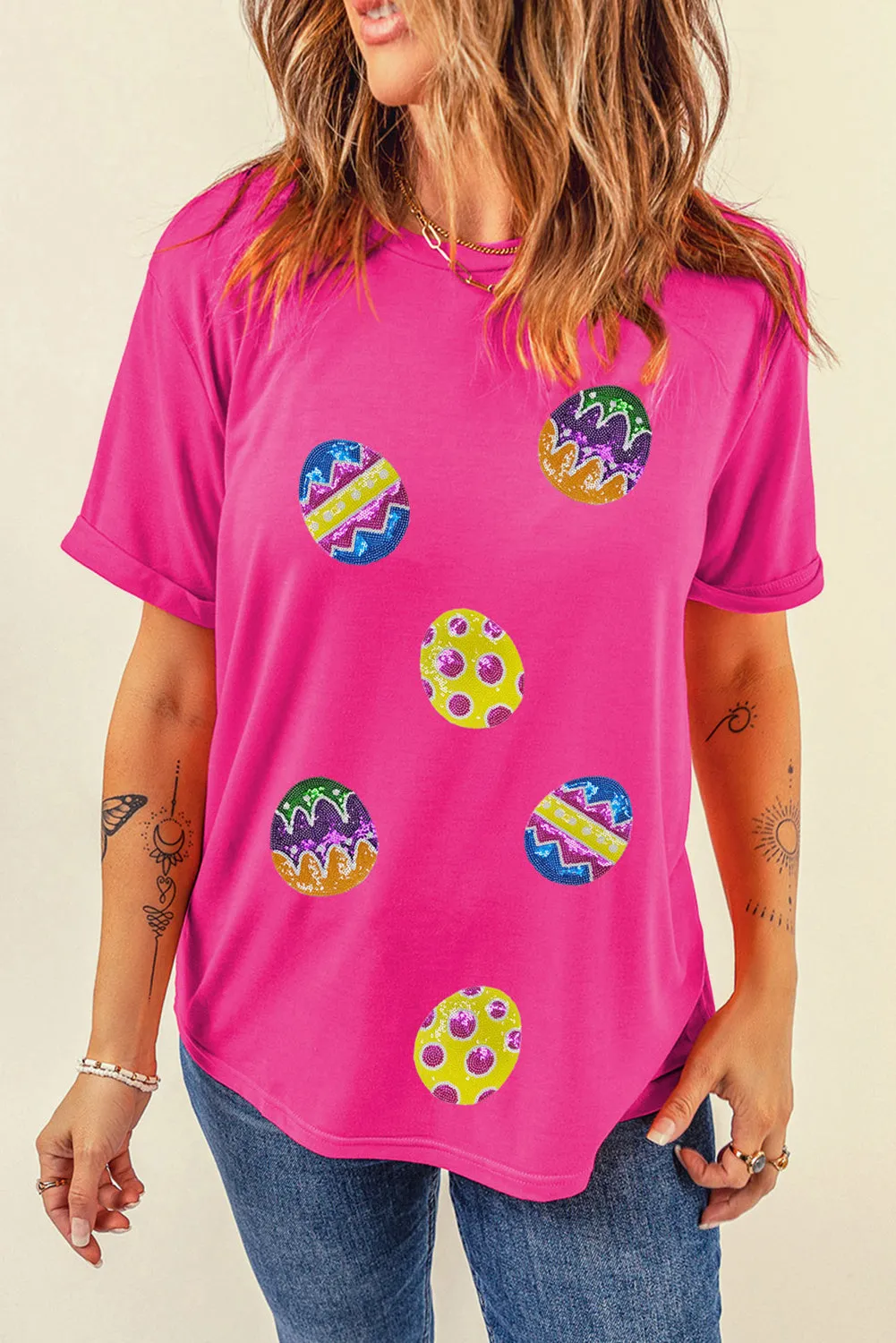 Rose Red Easter Eggs Patched Crew Neck Graphic Tee