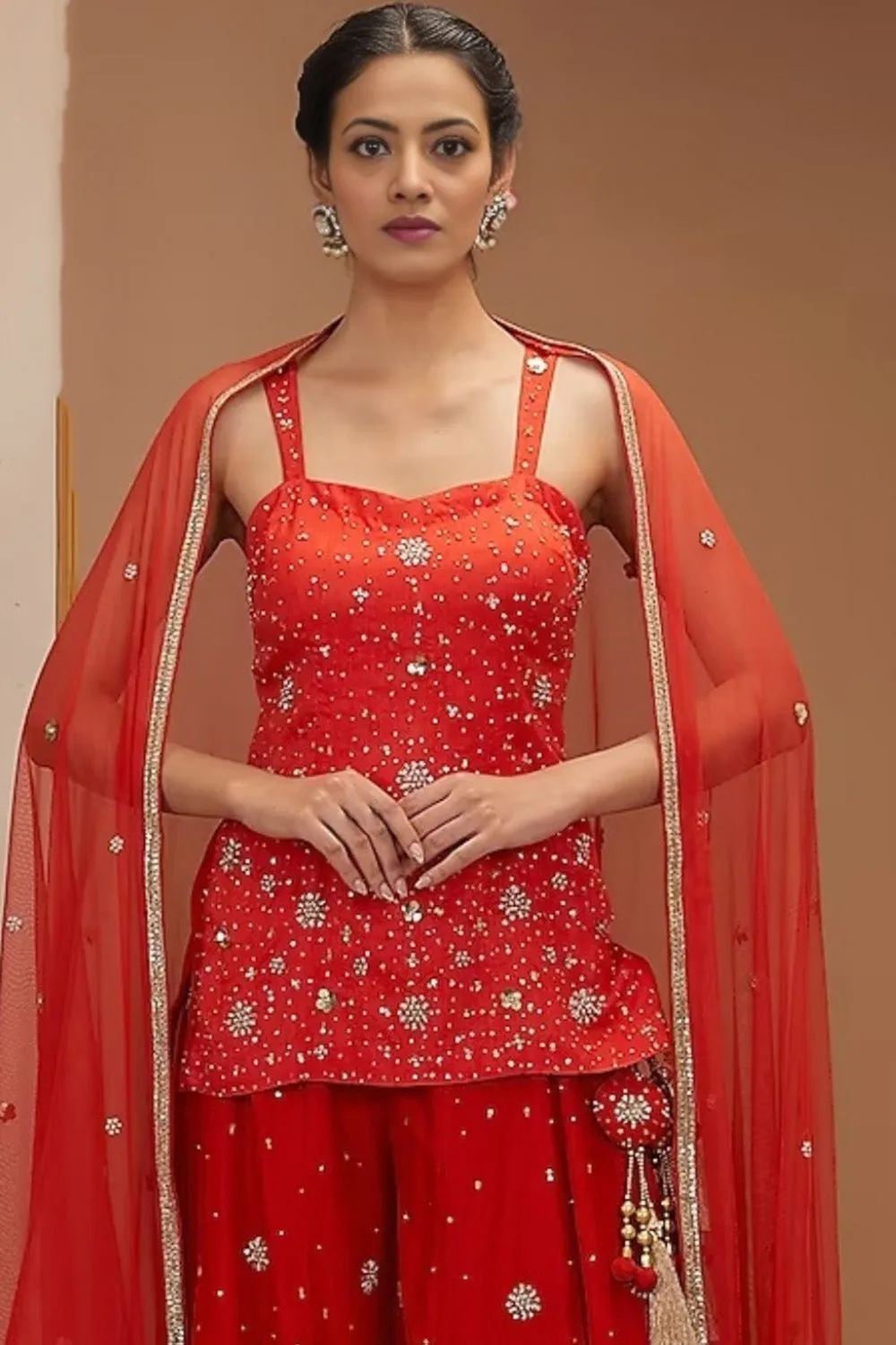 Sassy Sharara Set Handembroidered In Scarlet Red Colour