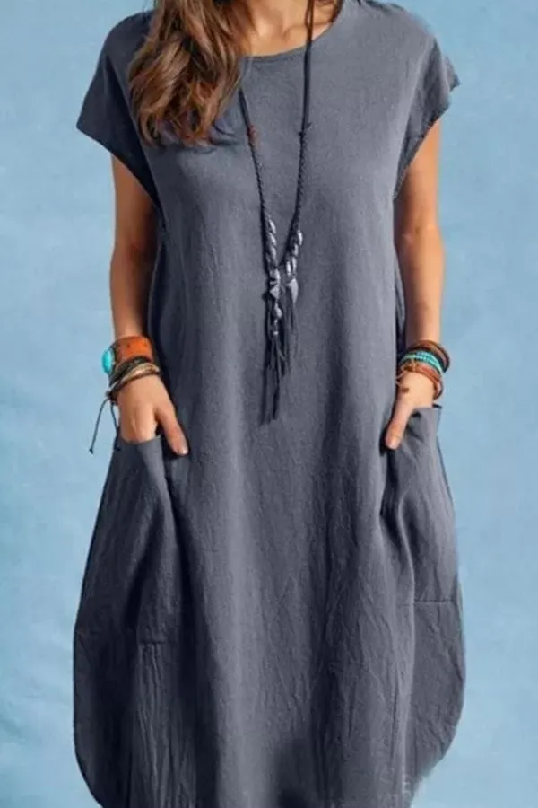 Short Sleeve Solid Color Midi Dress